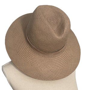 Janessa Leone Straw Sun Hat M medium fedora leather band beige tan